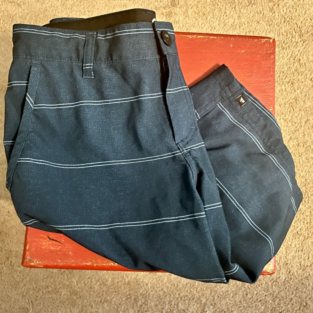 Boys Quicksilver, size 14 navy w/ white stripe, unlined board shorts.